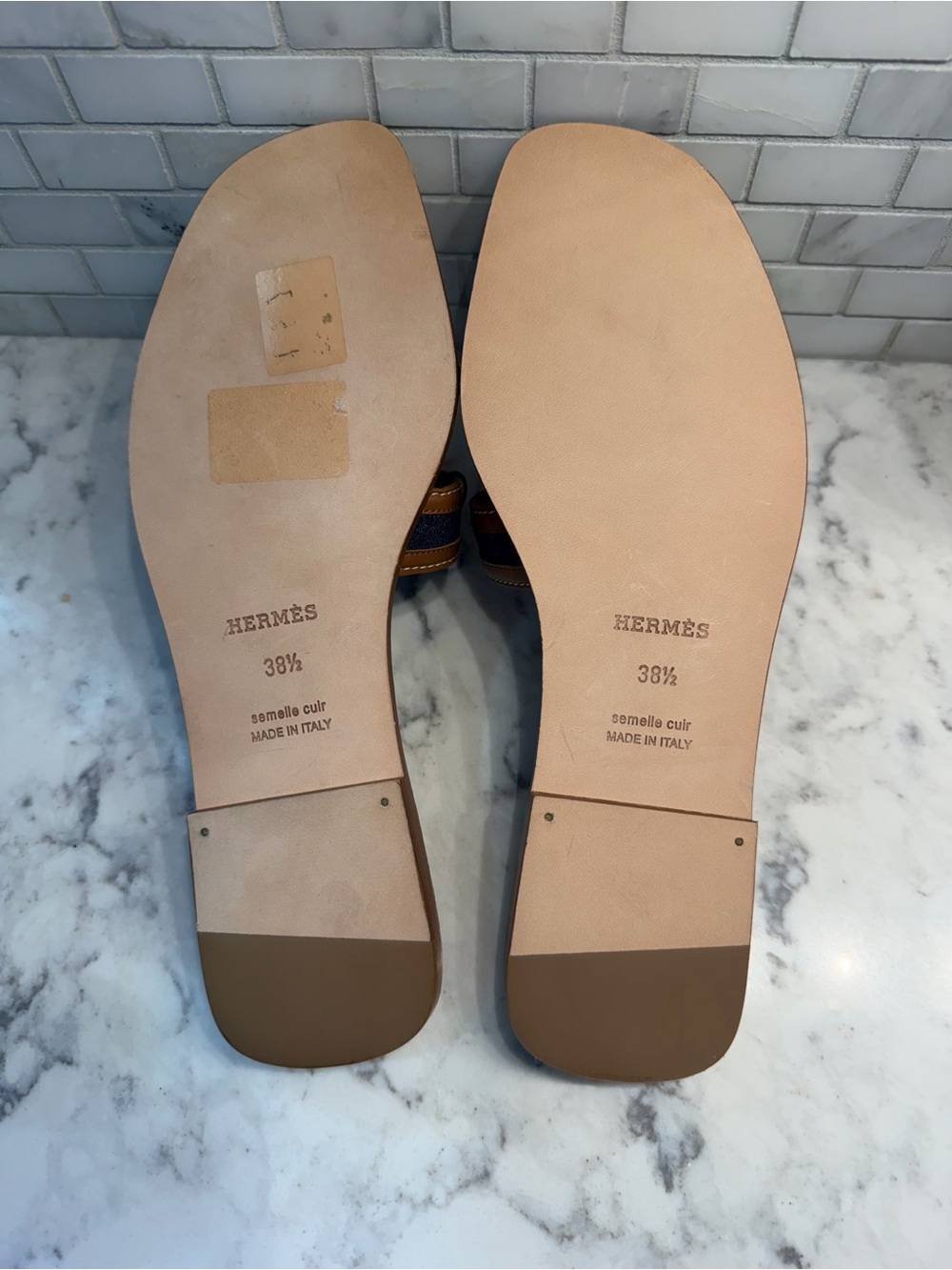 NEW Hermes Denim/Brown Leather Oran Slide Sandal sz 38.5 - Picture 6 of 6